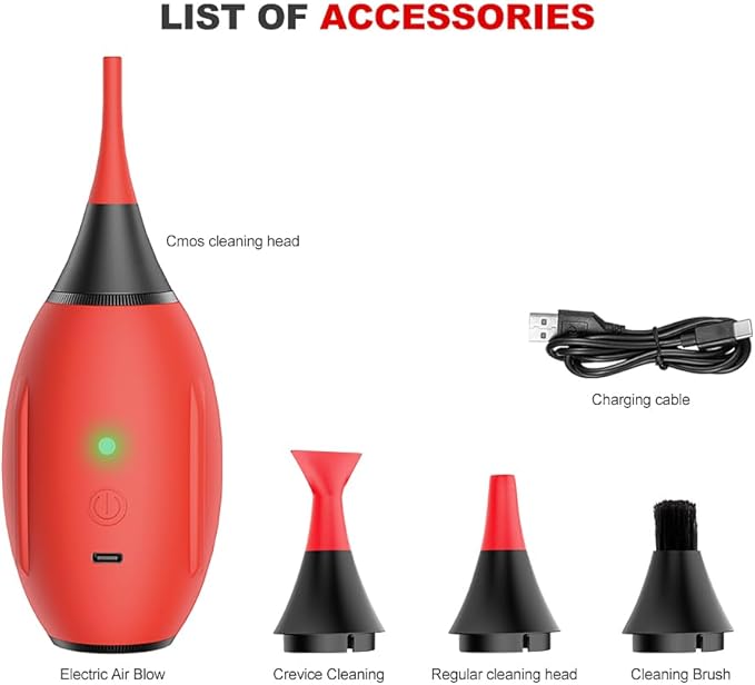 LENSGO Electric Air Blow,Camera Cleaning Kits with 4 Cleaning Heads for CMOS/Regular/Crevice Clean and Brush, 4.0kPa Dust Removal Type C Charge (Red)