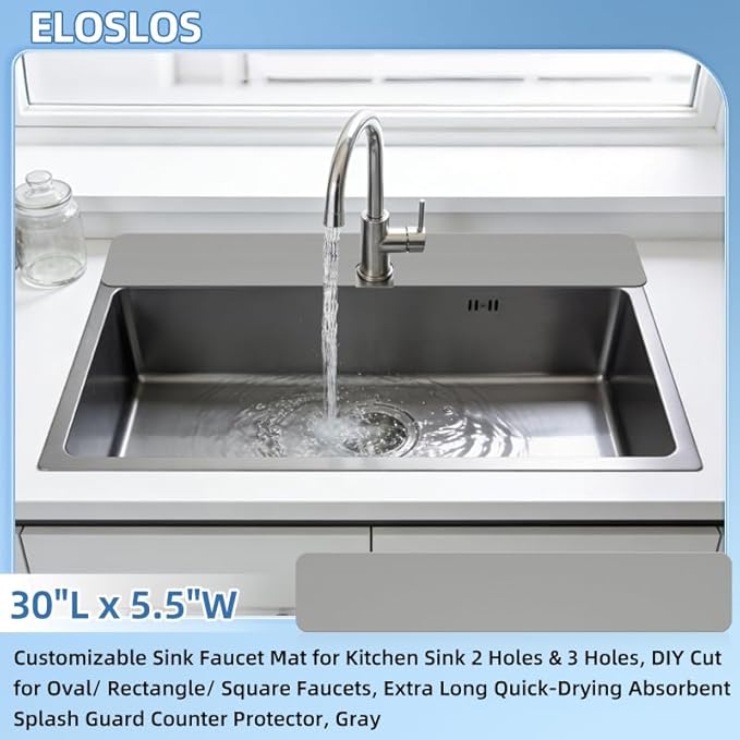 30"L x 5.5"W Customizable Sink Faucet Mat for Kitchen Sink 2 Holes & 3 Holes, DIY Cut for Oval/Rectangle/Square Faucets, Extra Long Quick-Drying Absorbent Splash Guard Counter Protector, Gray