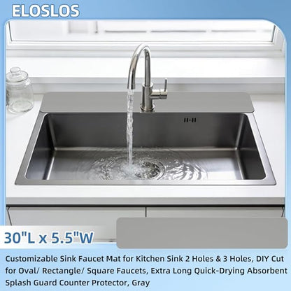 30"L x 5.5"W Customizable Sink Faucet Mat for Kitchen Sink 2 Holes & 3 Holes, DIY Cut for Oval/Rectangle/Square Faucets, Extra Long Quick-Drying Absorbent Splash Guard Counter Protector, Gray