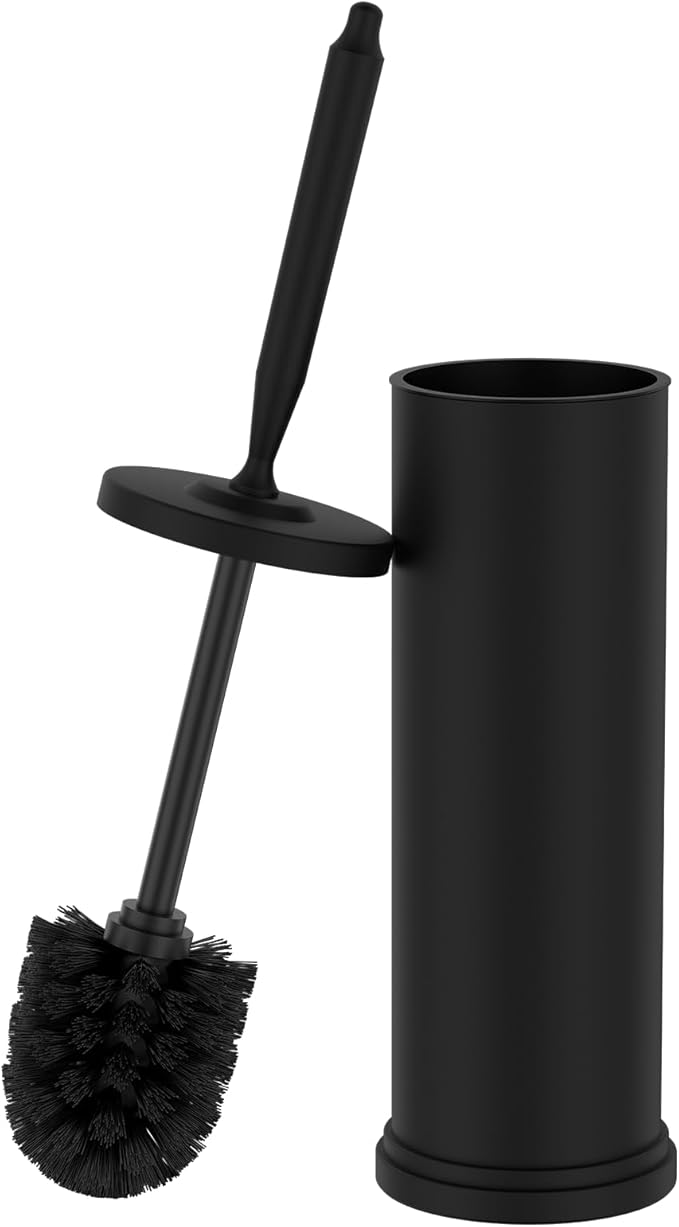 Premium 304 Stainless Steel Toilet Brush and Holder: Weighted Stable Base, Removable Inner Tube, Splash-Proof Design for 360° Thorough Cleaning & Space-Saving Storage,Black