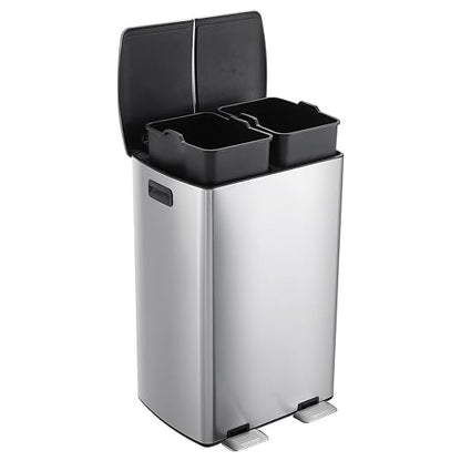 GarveeHome Commercial Dual Trash Can, 16 Gallon Stainless Steel Double Compartment Recycling Bin with Soft-Close Lids, Pedals & Plastic Inner Buckets, 60L Garbage Can for Kitchen, Home, Office, Silver