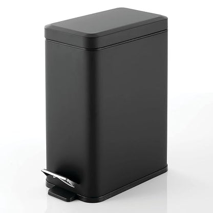 mDesign Pedal Bin — Waste Bin with Pedal, Lid and Plastic Bucket Insert for Bathroom, Kitchen, and Office — Metal Household Rubbish Bin with Ergonomic Design — Black