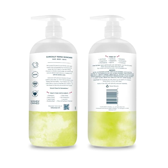 Kirk's Juniper & Lime 3-in-1 Nourishing Cleanser, Shampoo Body Wash Bubble Bath, Coconut Oil and Aloe Vera, Vegan Non-GMO, 32 Fl Oz, Pack of 2