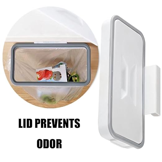 Portable Trash Bag Holder, Hanging Garbage Bag Holder,Over The Cabinet Plastic with Lid Kitchen Garbage Bags Storage Rack Trash Bin (1 pcs)