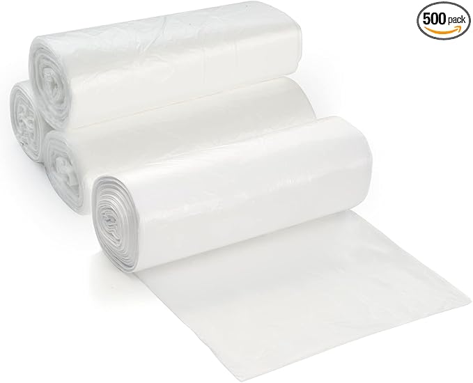 7-10 Gallon Clear Garbage Can Liners, 500 Count - Small - Medium Trash Can Liners - High Density, Thin, Lightweight, 8 Microns - For Office, Home, Hospital Wastebaskets - 10 Coreless Rolls