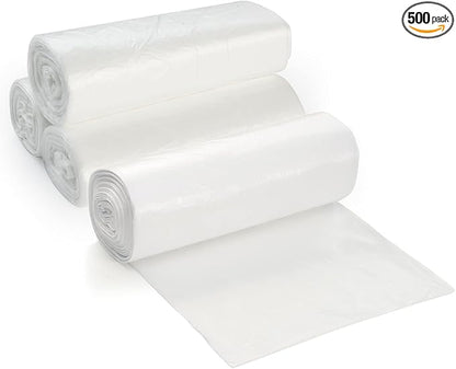 7-10 Gallon Clear Garbage Can Liners, 500 Count - Small - Medium Trash Can Liners - High Density, Thin, Lightweight, 8 Microns - For Office, Home, Hospital Wastebaskets - 10 Coreless Rolls