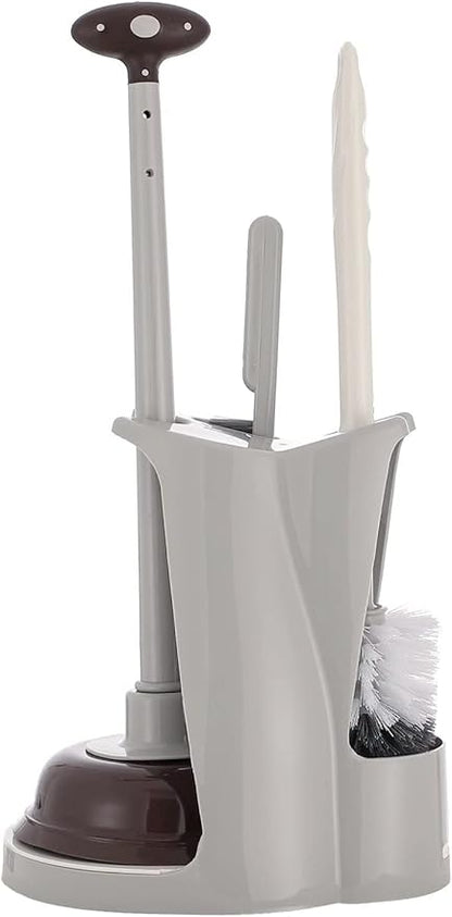 Cq acrylic Toilet Brush and Plunger Set,Grey 3 in 1 Bathroom Scrubber Plunger and Angled Toilet Bowl Brush & Scrubber Combo with Holder and Rim Cleaner for Camper,Rv,Apartment,New Home,Set of 1