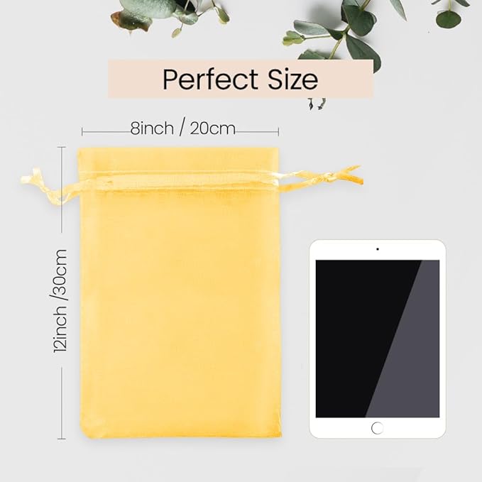 Meowoo 100PCS Organza Bags, 8x12in Small Mesh Bags Drawstring, Mesh Gift Bags Drawstring for Jewelry, Candy, Christmas, Sachets, Festivals, Bathroom Soaps, Makeup Organza, Wrapping Supplies(yellow)