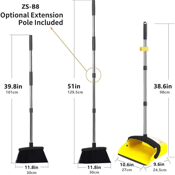 2-Pack is More economical,Brooms with Dustpan Combo Set， with 52" Long Handle, Dustpan Teeth with self-Cleaning Function, Indoor and Outdoor Sweeping, Perfect for Home Office(Large/Yellow /2-Pack)