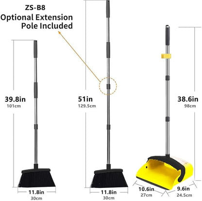 2-Pack is More economical,Brooms with Dustpan Combo Set， with 52" Long Handle, Dustpan Teeth with self-Cleaning Function, Indoor and Outdoor Sweeping, Perfect for Home Office(Large/Yellow /2-Pack)