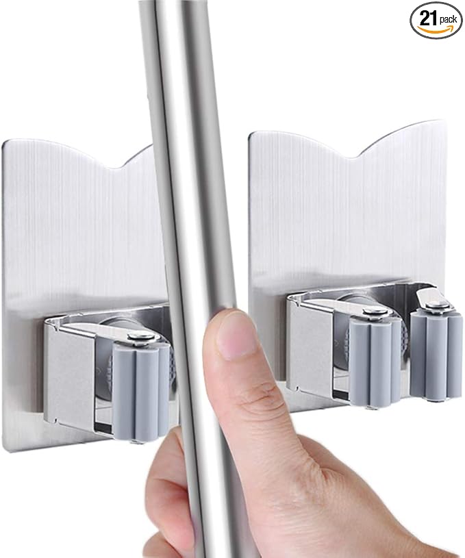 HANZE Stainless Steel Mop Broom Holder Organizer, Self Adhesive Wall Mounted Mop Organizer Storage Rack Clip for Kitchen Bathroom and Garage (Model 2 (2 Pakck))