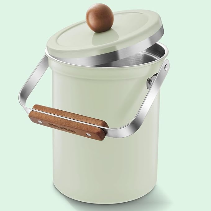 WAGENSTEIGER Kitchen Countertop Compost Bin 101Ounces / 3Liter with Airtight Lid, SUS304 Stainless Steel Odor-Free Food Waste Bin with Wooden Handle Stylish Design/Bathroon Trash Can (Mint Green)