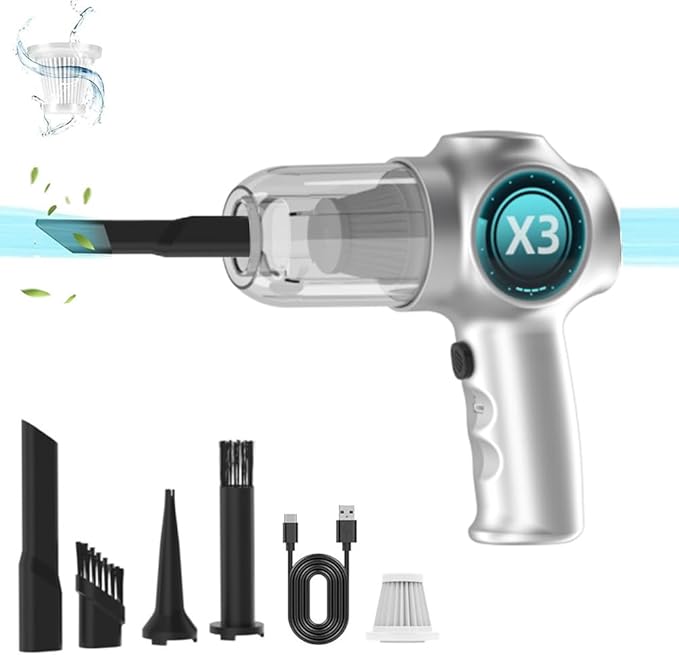 Mini Vacuum Cordless Rechargeable Car Vacuum Cleaner| Handheld Vacuum Cleaner with Strong Suction, Portable Vacuum for Car,Pet Hair,Home,Keyboard,Inflate-Deflate Swim Ring,Dust Buster (Silver)