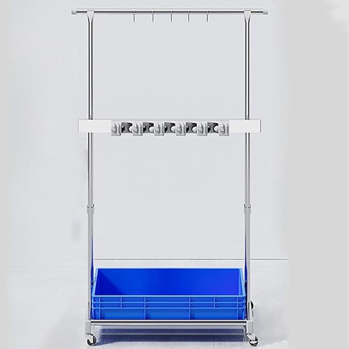 Stainless Steel Floor-Standing Mop and Broom Holder, Mobile Cleaning Supplies Organizer with Double Poles and Wheels, Freestanding Cleaning Caddy for Kitchen, Bathroom or Utility Room(Blue,97cm/38.2in