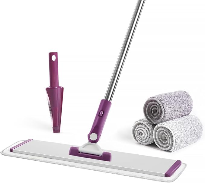 CQT Commercial Flat Microfiber Floor Mop Cleaning System 18" Inch Wet Dry and Dust Hardwood with 4 Washable Pads Cleaner for Laminate Tile Stainless Steel Handle and Extension (PT13-WET)