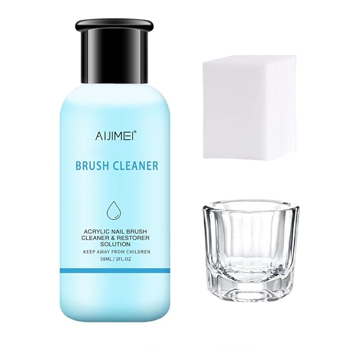 Nail Brush Cleaner Restorer Nail Brush Cleaner Solution Clean Manicure Brushes Set A with Glass Cup & Cleaning Cotton Pads for Nail Art Gel Polish Painting Brushes 58ml