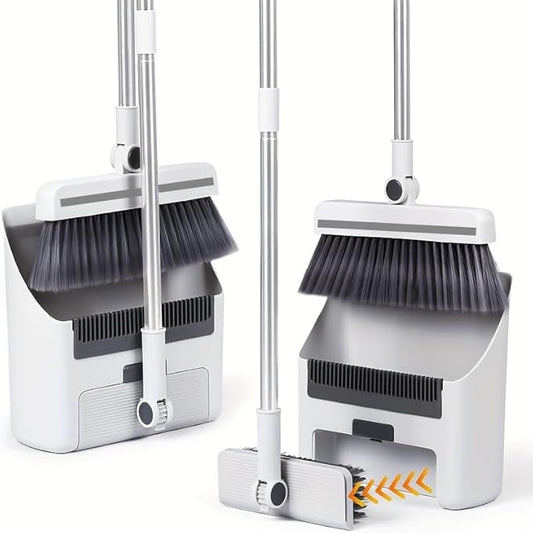 3 in 1 Broom and Dustpan Set with Adjustable Push Broom with 48.8“ Long Handle for Floor Sweeping Outdoor Indoor Sweeping Combo for Home & Kitchen (White)