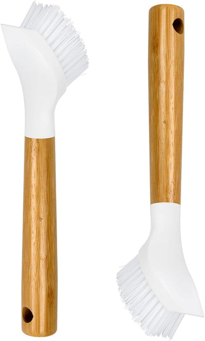 CELOX Bamboo Dish Scrubber Brush with Handle, 2 Pack Kitchen Brushes for Dishes