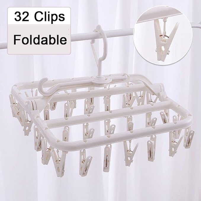 Foshine Foldable Clothes Drying Rack with 32 Drying Clips Wind-Proof Hook Underwear Hanger Plastic Laundry Clip for Socks Bras (White)