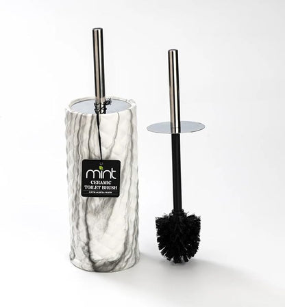 J&V TEXTILES Ceramic Toilet Brush, Toilet Bowl Brush with Extra Long Handle Durable Bristles Toilet Scrubber and Covered Holder for Toilet Brush Set for Bathroom Cleaning (Chrome/Marble)