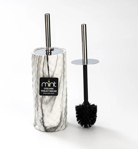 J&V TEXTILES Ceramic Toilet Brush, Toilet Bowl Brush with Extra Long Handle Durable Bristles Toilet Scrubber and Covered Holder for Toilet Brush Set for Bathroom Cleaning (Chrome/Marble)