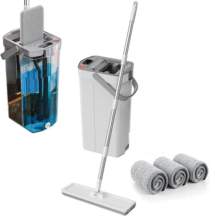 Mop and Bucket Set with Dirty Water Separation, Flat Mop System Auto-Separates Clean & Used Water, 50" Adjustable Handle, 4 Reusable Microfiber Pads for Home Floor Cleaning