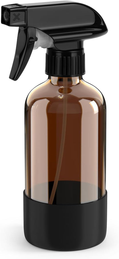 Bontip Amber Glass Spray Bottle with Silicone Sleeve Protection, 8 oz Refillable Spray Bottles for Cleaning Solutions, Plants, Aromatherapy, Facial Hydration (1, Black, 8 oz)