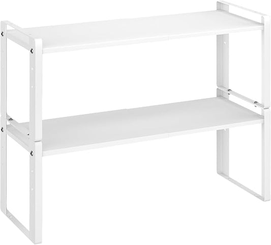 2 Pack Expandable Cabinet Organizer Shelves, 88lbs High Weight Capacity, Stackable Heavy-Duty Metal Storage Rack, Adjustable Cabinet Shelf for Kitchen, Pantry, Cupboard, Under Sink, White