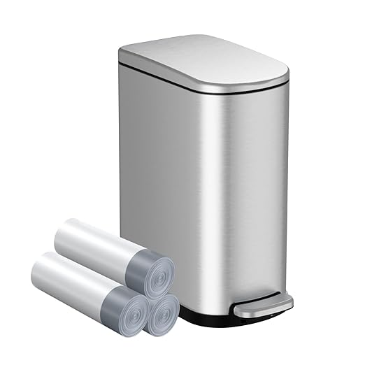 KSSKSS 2.6 Gallon Slim Bathroom Trash Can with Soft Close Lid, 10L Stainless Steel Garbage Can with Removable Liner Bucket, for Narrow Spaces,Bathroom, Bedroom (Silver)