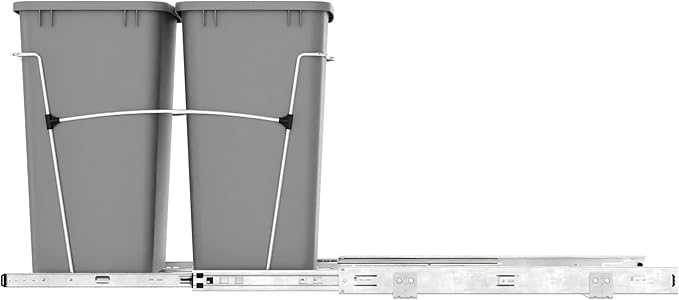 Rev-A-Shelf Double 35 Qt Pullout Trash Can for Base Kitchen Cabinets, Garbage Waste Bin System with Full-Extension Slides, Min Opening Width of 14.5", Silver, RV-18KD-17C S