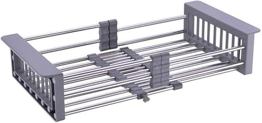 Dish Drying Rack, Stainless Steel Dish Drainer with Adjustable Arms Holder Functional Kitchen Sink Organizer for Vegetable and Fruit, Gray Large