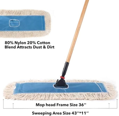 Matthew Cleaning 36'' Industrial Strength Cotton Dust Mop Refill Washable Replacement Heads for Residential & Commercial Use Fit Standard Dust Mop Frames, Hardwood, Concrete Floors Blue&White 1 Pack