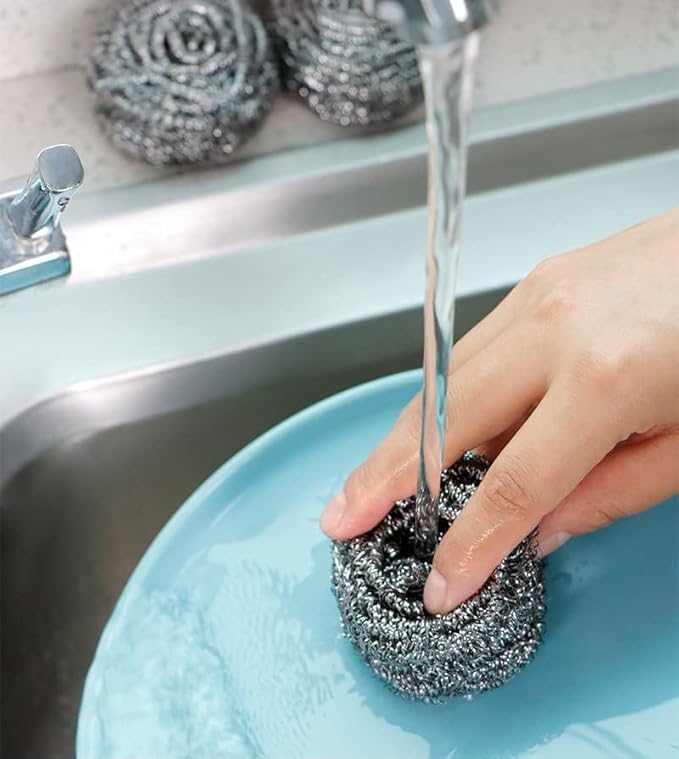 Stainless Steel Wool Scrubber(Pack of 12 Metal Sponges)for Baked-On Messes,Long Lasting & Rust Free Scouring Pads,Multi-Purpose Heavy-Duty Tough Cleaning for Uncoated Cookware/Cast Iron/Pot/Dish/Sink