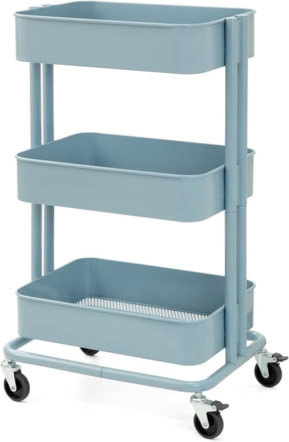 3 Tier Rolling Cart Metal Heavy Duty Utility Cart with Silent Caster Lockable Wheels Multi-Functional Organization Carts Storage Trolley with Mesh Shelves for Office Kitchen Living Room Blue