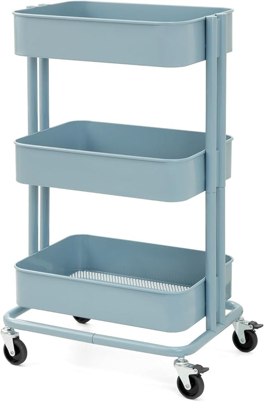 3 Tier Rolling Cart Metal Heavy Duty Utility Cart with Silent Caster Lockable Wheels Multi-Functional Organization Carts Storage Trolley with Mesh Shelves for Office Kitchen Living Room Blue
