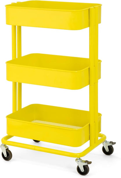 3 Tier Rolling Cart Metal Heavy Duty Utility Cart with Silent Caster Lockable Wheel Multi-Functional Organization Carts Storage Trolley with Mesh Shelves for Office Kitchen Living Room Yellow