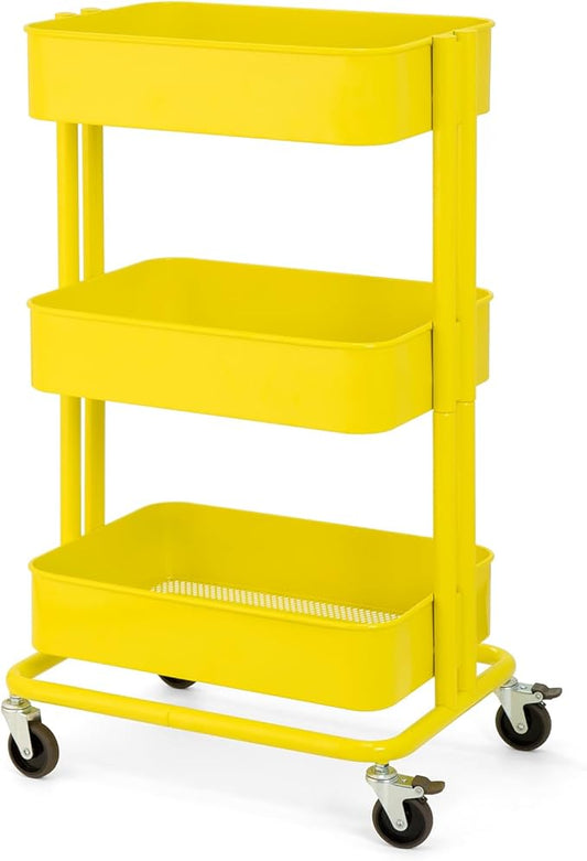 3 Tier Rolling Cart Metal Heavy Duty Utility Cart with Silent Caster Lockable Wheel Multi-Functional Organization Carts Storage Trolley with Mesh Shelves for Office Kitchen Living Room Yellow