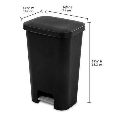 Sterilite 11.9 Gallon Rectangular Step On Kitchen Plastic Indoor Wastebasket with Wide Opening Lid and Comfort Handle for Home, Black (16 Pack)