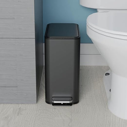 Glad Slim Bathroom Trash Can - Small Garbage Pail with Soft Close Lid & Step Foot Pedal | Narrow Black Metal Waste Basket with Removable Inner Bucket, 2.6 Gallon