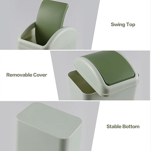 12 L Slim Garbage Can, Small Plastic Trash Can with Swing Lid, 1 Pack (Green)