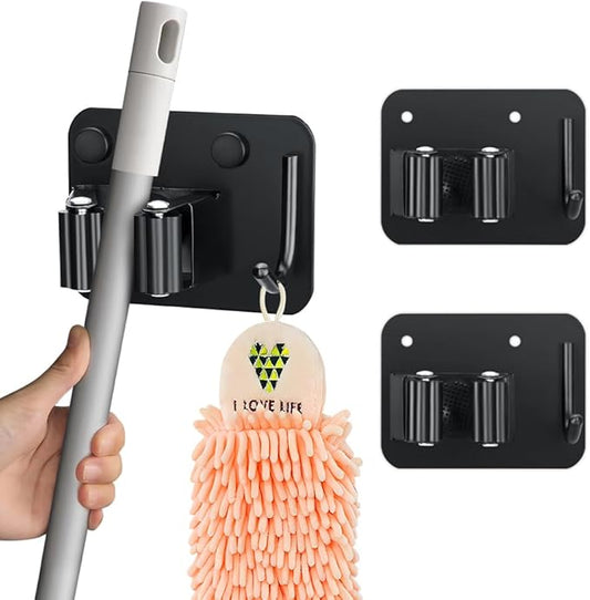 JAMEND CLXP 2-Pack Broom Holder with Heavy Duty Hooks, Upgraded Stainless Steel Mop Hanger. Wall Mount Utility Tool Rack for Kitchen Garden Laundry Garage. Matte Black.