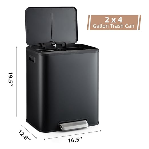 GAOMON Dual Trash Can, 2 x 4 Gal (2 x 15L) Stainless Steel Trash Can with Recycling Bin, Soft-Close Lid, Step-on Garbage Bin - with Removable Plastic Inner Buckets, Black