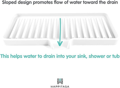 Silicone Soap Dish Tray and Sponge Holder with Drain Chute, Rectangular, Kitchen and Bathroom Sink Organizer (White, 9"x3.5")