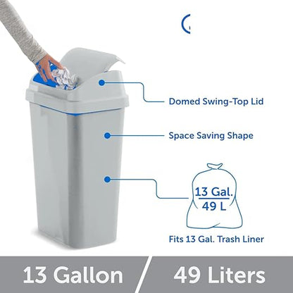SKYREN 13 Gallon Kitchen Trash Can with Swing Top Lid, Plastic Garbage Bin for Home, Office, and Kitchen Waste, Large Capacity Wastebasket, Light Gray
