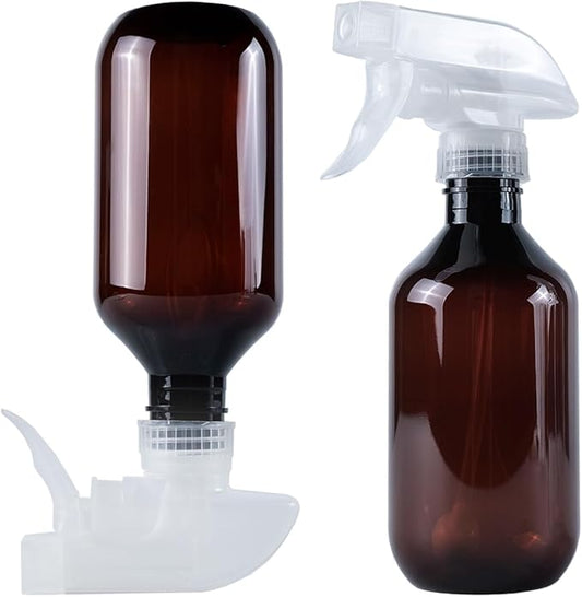 2 Pack 360° Spray Bottles, 10 oz Plastic Small Containers with Adjustable Spray Nozzles, Spray Bottles for Hair, Cleaning Solutions, BBQ and Plants Amber