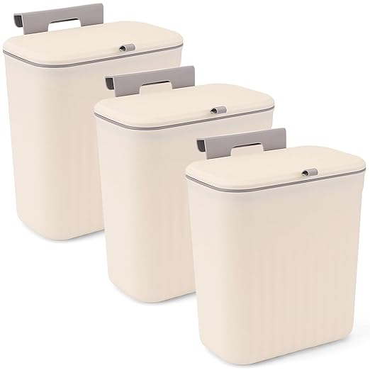 3 Pack Hanging Trash Can with Lid, Kitchen Compost Bin for Counter Top or Under Sink, Plastic Waste Basket Wall Mounted Garbage Can for Cupboard/Bathroom/Bedroom/Office/Camping (Cream)