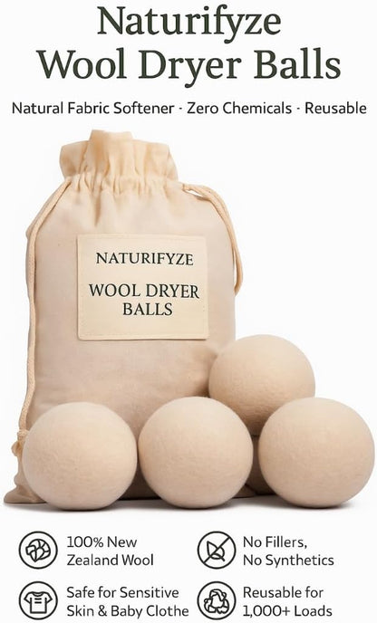 Wool Dryer Balls - 100% New Zealand Sheep Wool - Natural Fabric Softening, Reduces Clothing Wrinkles (6 Pack)