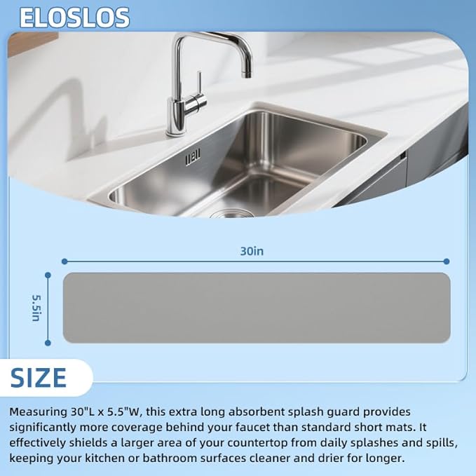 30"L x 5.5"W Customizable Sink Faucet Mat for Kitchen Sink 2 Holes & 3 Holes, DIY Cut for Oval/Rectangle/Square Faucets, Extra Long Quick-Drying Absorbent Splash Guard Counter Protector, Gray