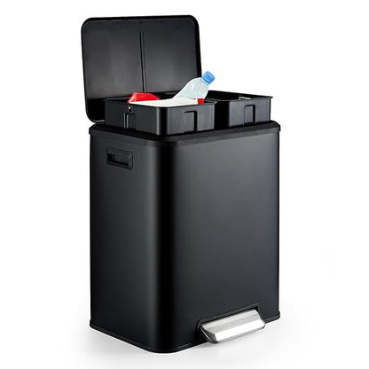 GAOMON Dual Trash Can, 2 x 4 Gal (2 x 15L) Stainless Steel Trash Can with Recycling Bin, Soft-Close Lid, Step-on Garbage Bin - with Removable Plastic Inner Buckets, Black