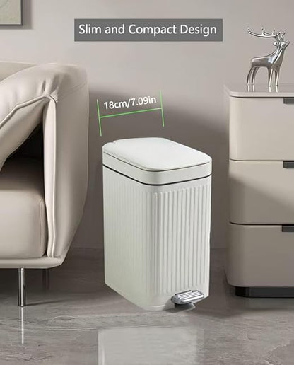 Feisco Small Trash Can with Lid,Small Bathroom Trash Can with Foot Pedal and Press Type Lid,Slim Step-On Trash Bin Wastebasket Garbage Can for Kitchen,Bathroom Office, Bedroom (White, 2.6 Gallon)